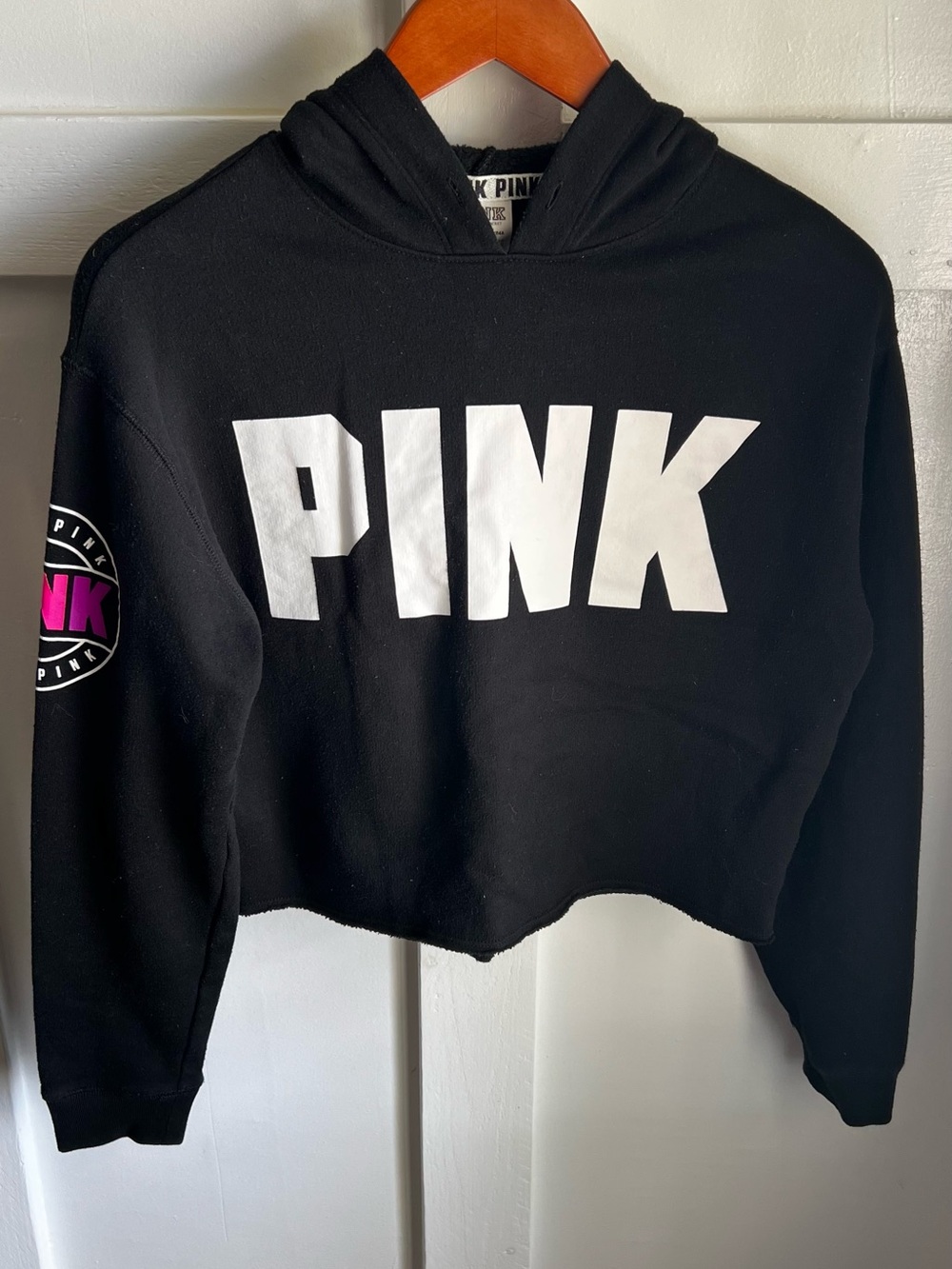 PINK Victoria's Secret Women's Black Cropped Hoodie - Bold White Logo